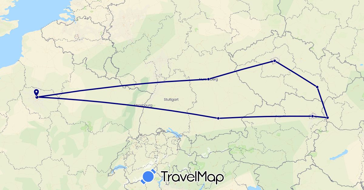 TravelMap itinerary: driving in Austria, Czech Republic, Germany, France, Slovakia (Europe)